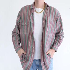VTG 90S Polo By Ralph Lauren Green And Maroon Stripe Button Up 100% Cotton Shirt